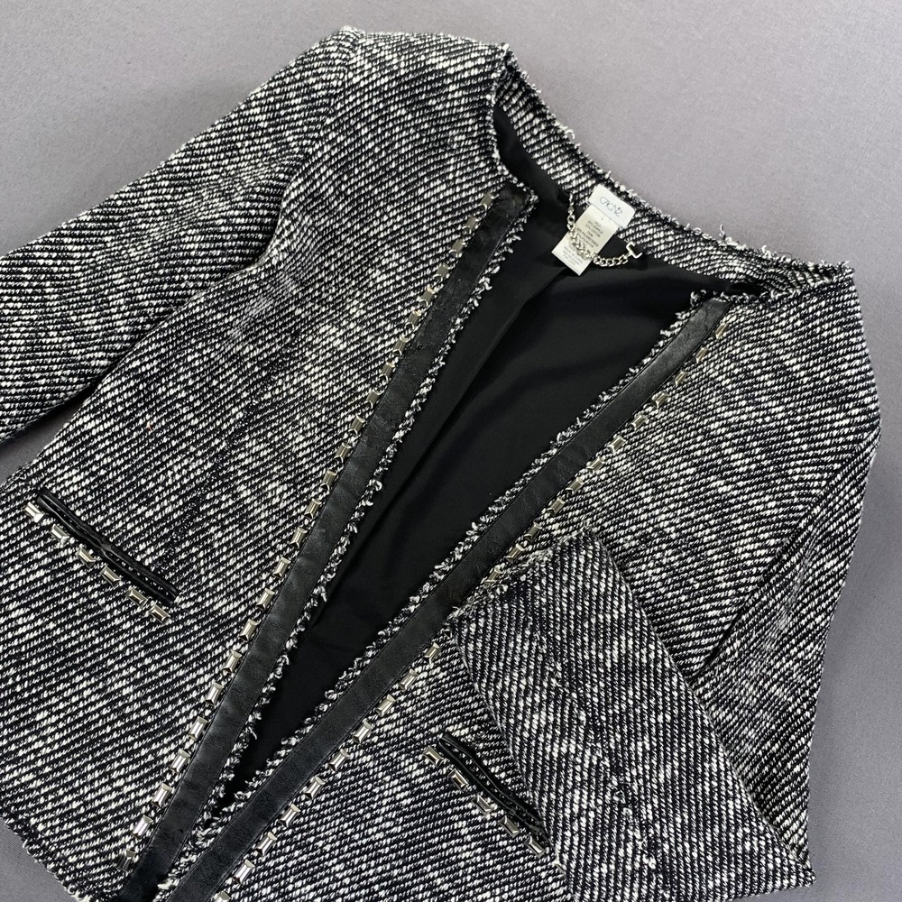 Cache Jacket Womens 8 Black White Tweed Open Front Chain Trim‎ Blazer Career